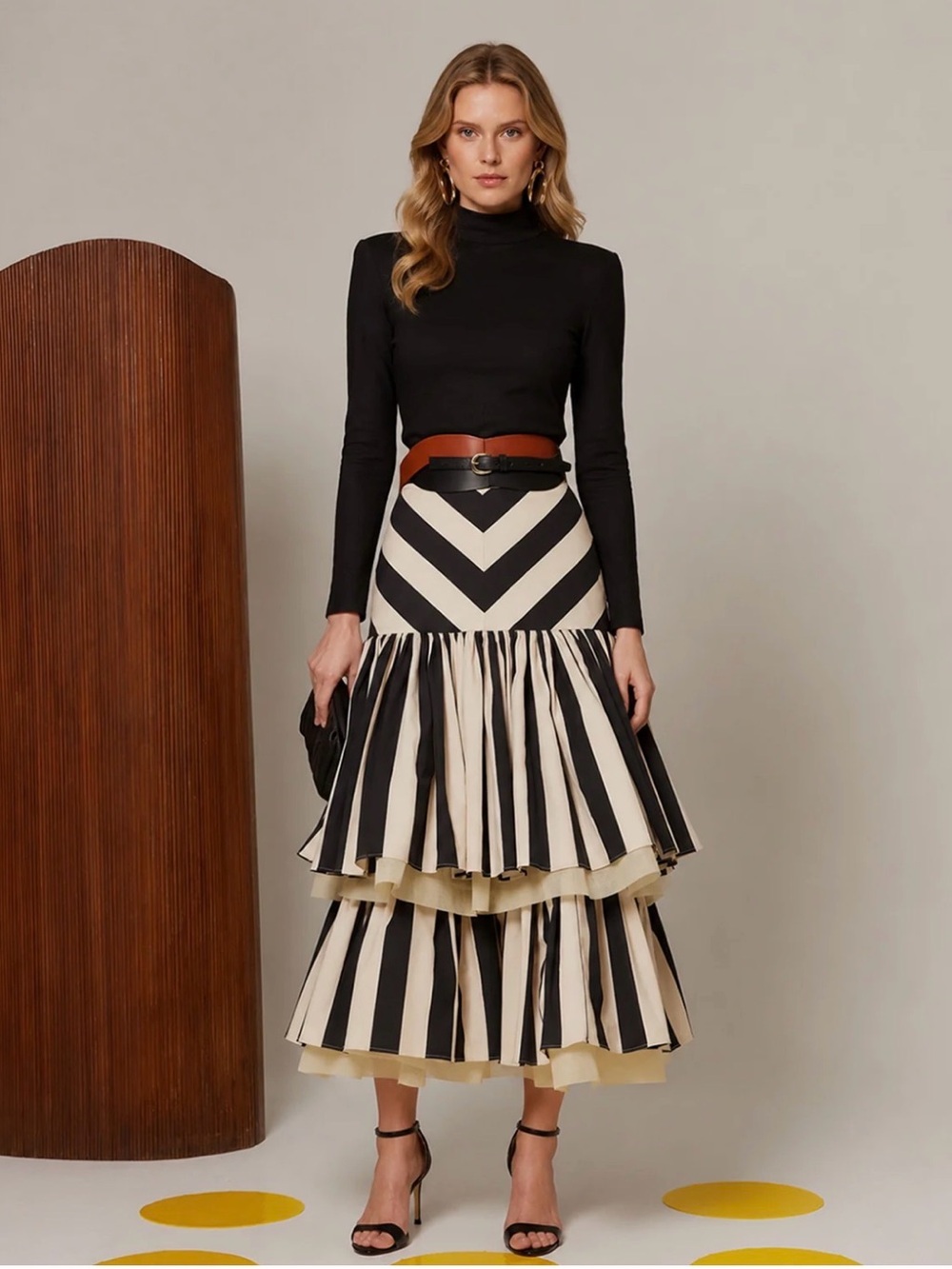 Tiered Black and Cream Striped Midi Skirt